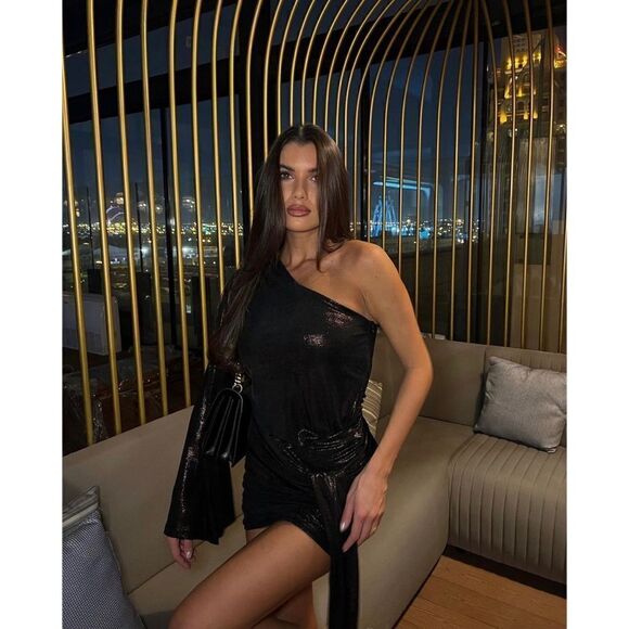 NWOT Zara Blogger’s Favorite Bronze Shiny Asymmetric Shimmer Mini Dress, Medium - Picture 11 of 16